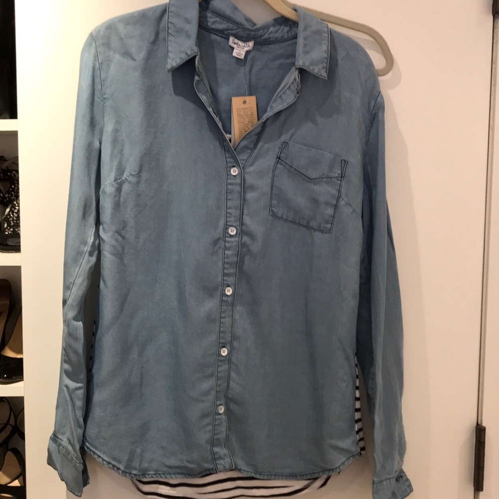 Splendid denim shirt w navy & white striped back